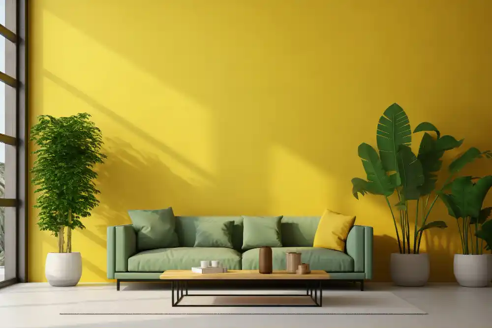 Bright yellow wall with green sofa and indoor plants creating a light, airy living room for small homes